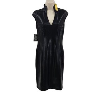 Alexia Admor Dress Womens 2 Black Faux Leather Sheath Mock Neck Zip‎ Cap Sleeve